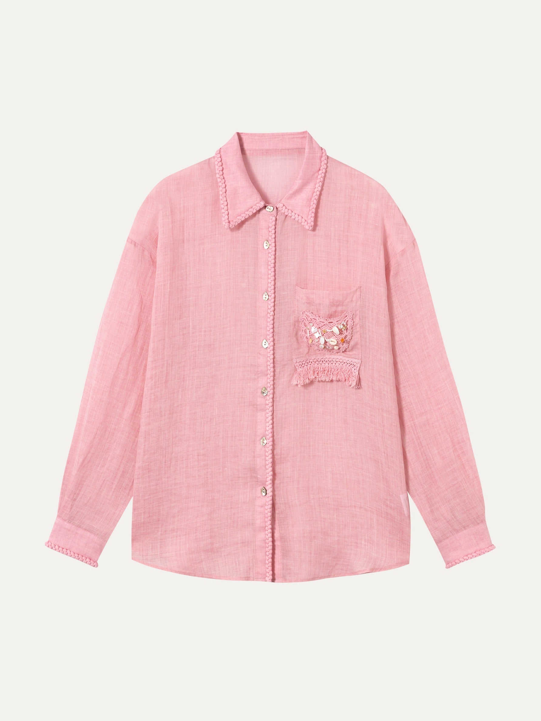 Ramie Lace-Trim Shirt - 粉色