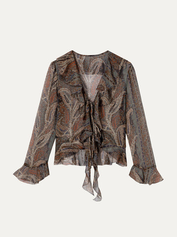 Linen Tie-Neck Shirt - 浅咖