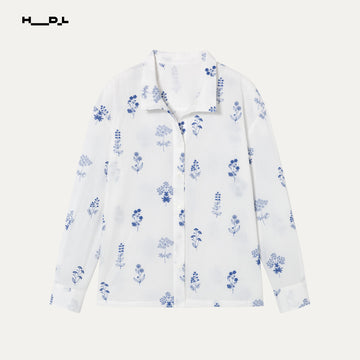 White Base Blue Floral Long Sleeve Shirt