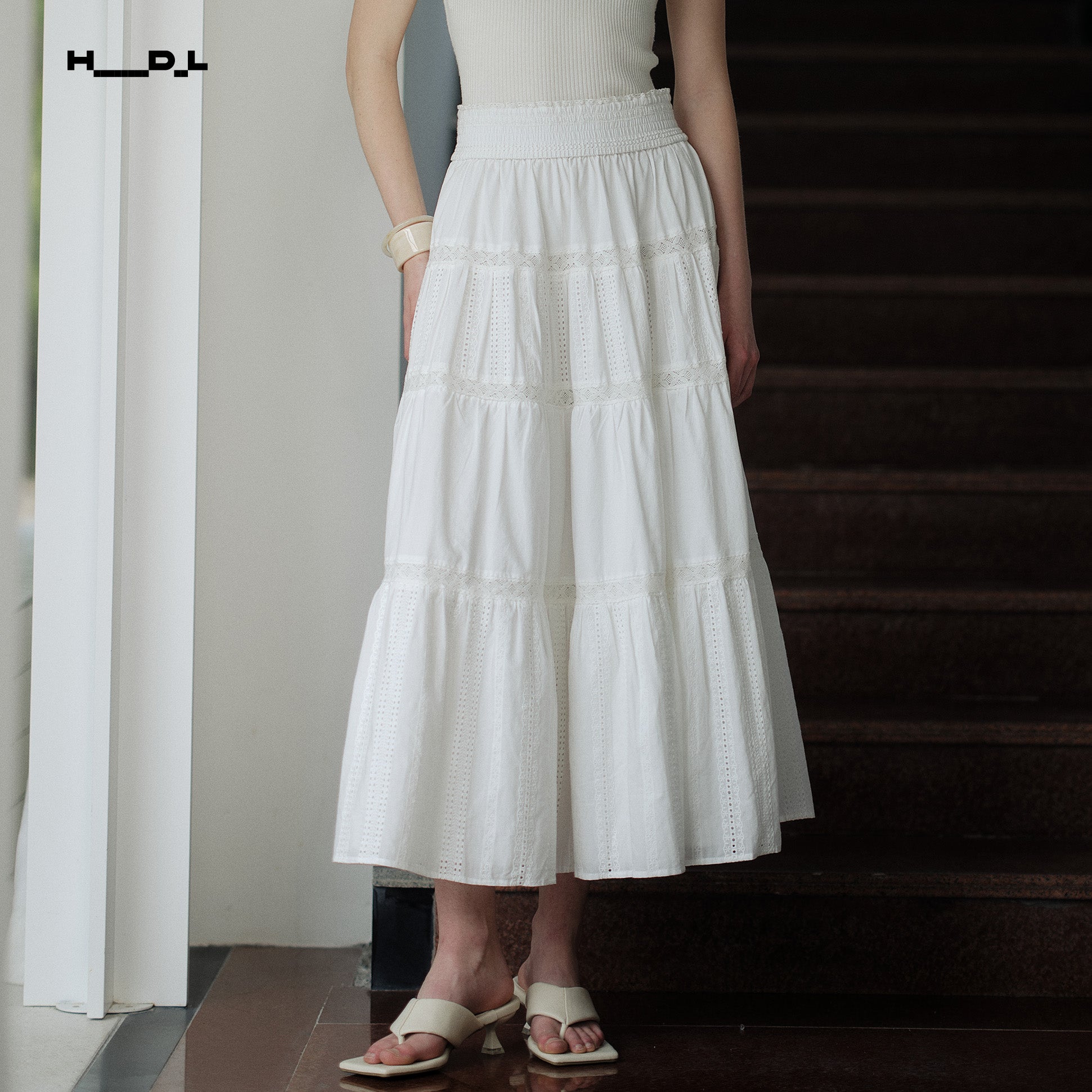 Full Cotton Openwork Lace Midi Skirt