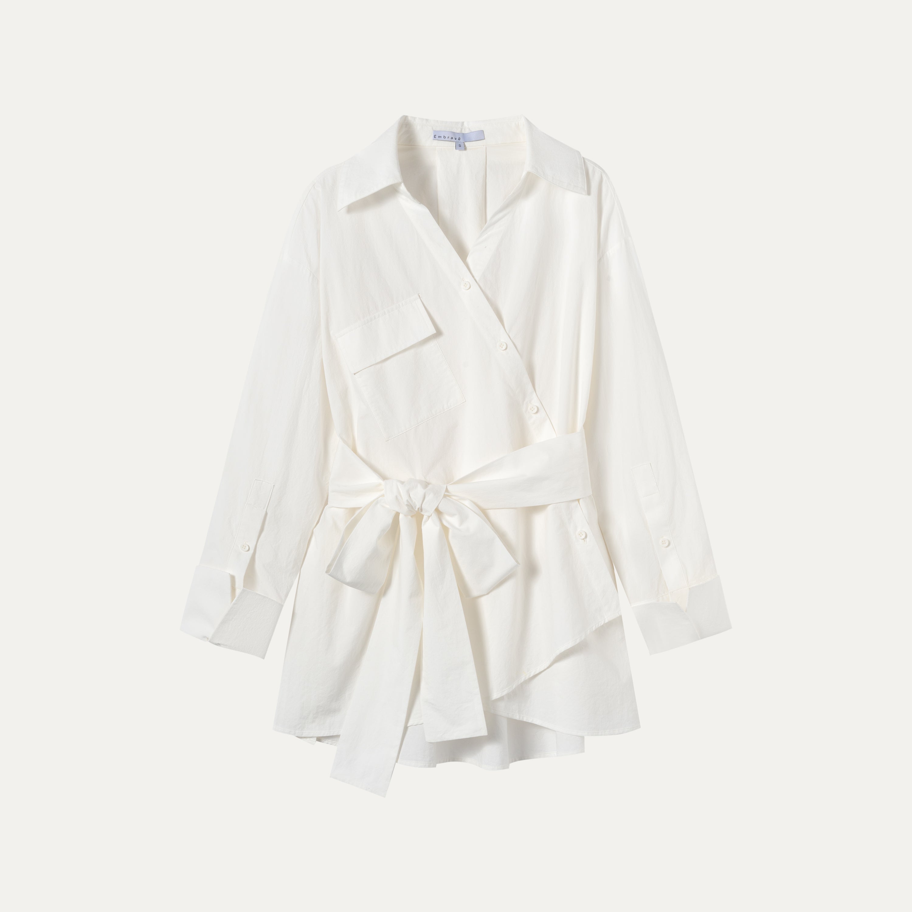 Asymmetric Placket Tie Belt White Shirt