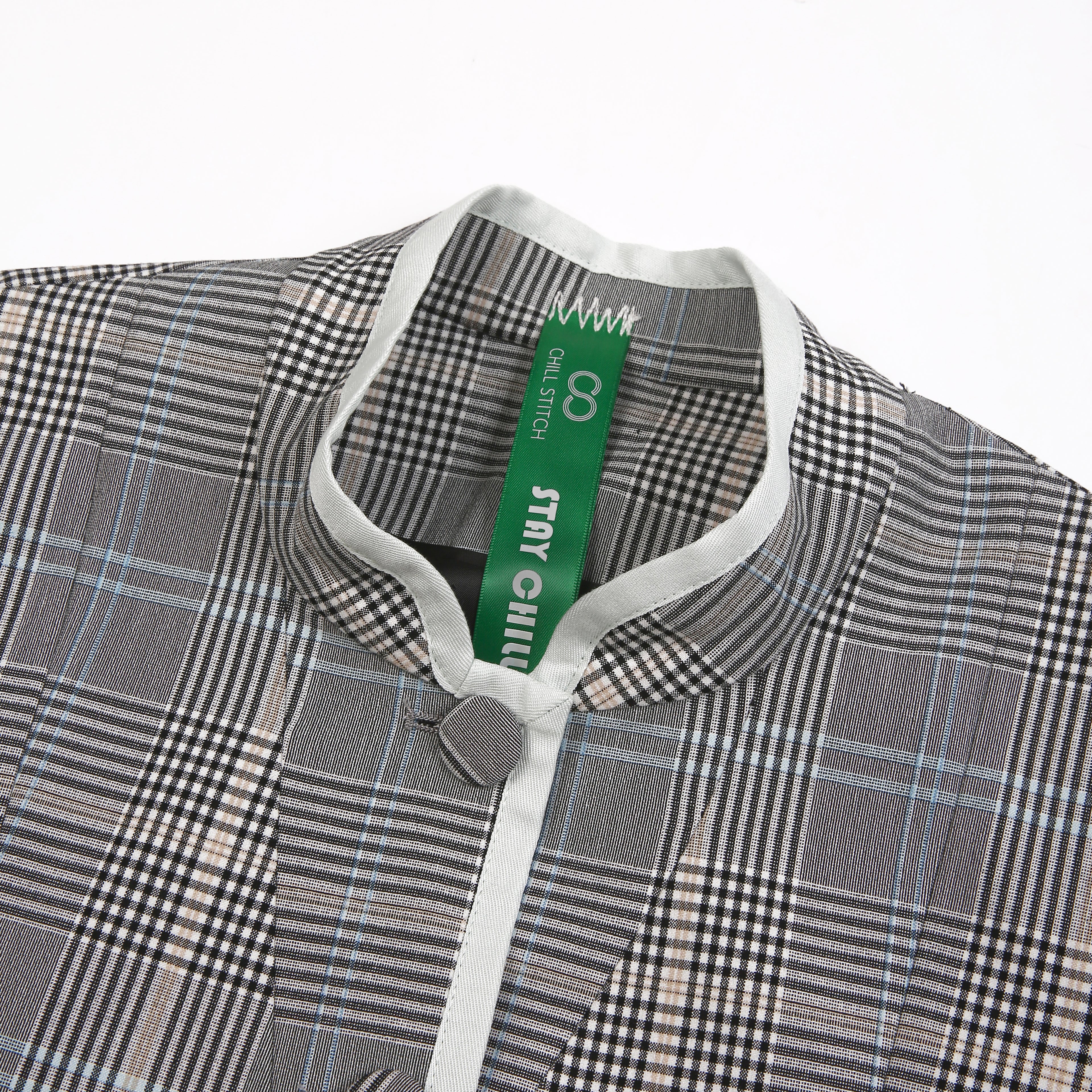 Gray Plaid Stand-Collar Jacket